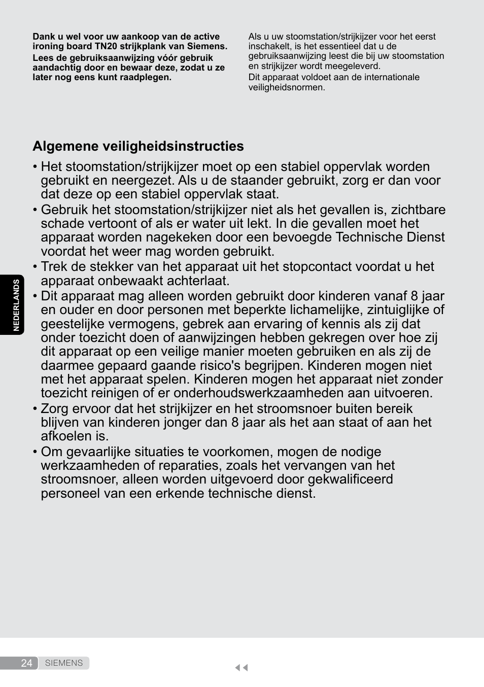 Nederlands, Algemene veiligheidsinstructies | Siemens TN20350 User Manual | Page 24 / 100