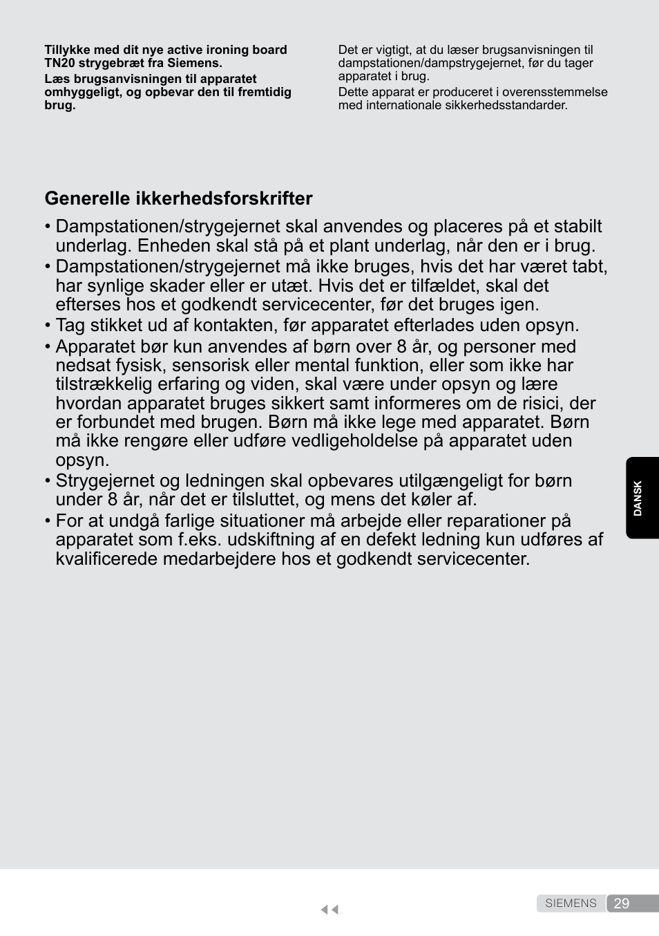 Dansk, Generelle ikkerhedsforskrifter | Siemens TN20350 User Manual | Page 29 / 100