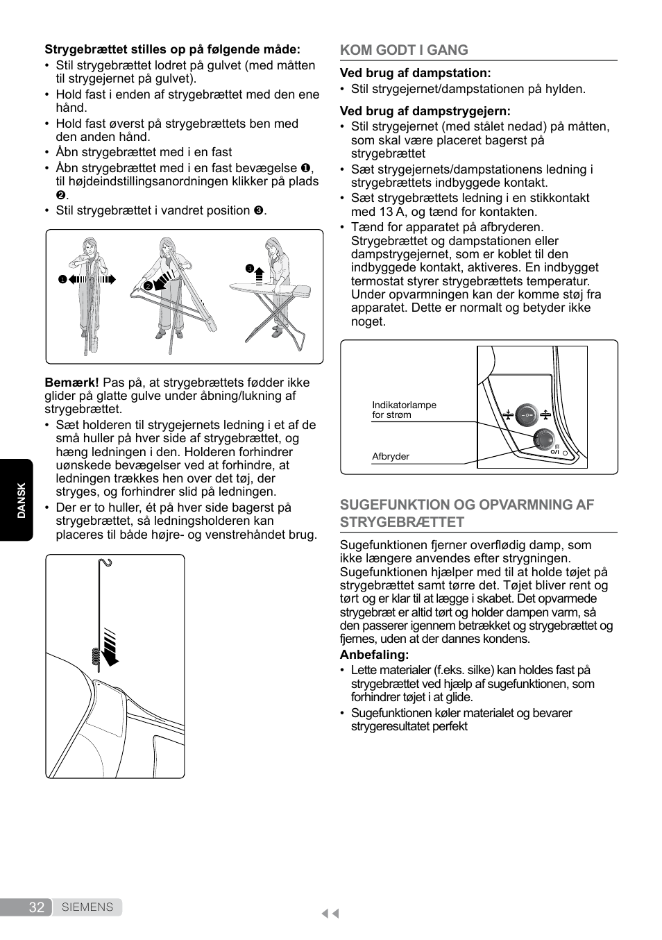 Kom godt i gang, Sugefunktion og opvarmning af strygebrættet | Siemens TN20350 User Manual | Page 32 / 100