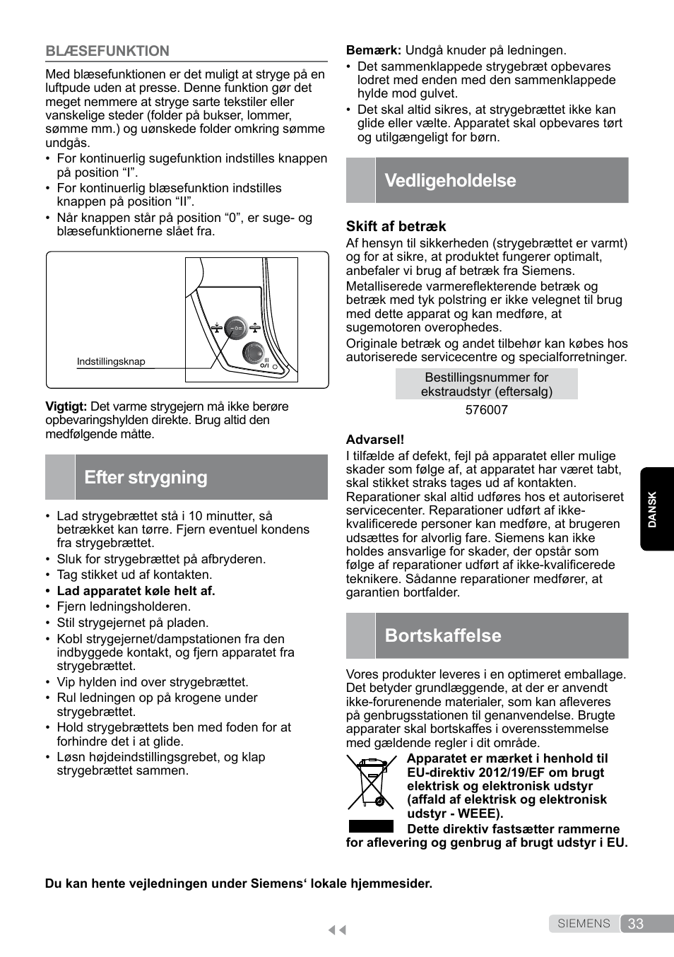 Blæsefunktion, Efter strygning, Vedligeholdelse | Bortskaffelse | Siemens TN20350 User Manual | Page 33 / 100