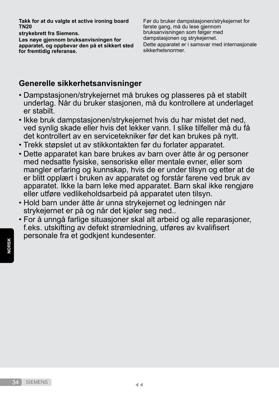 Norsk, Generelle sikkerhetsanvisninger | Siemens TN20350 User Manual | Page 34 / 100