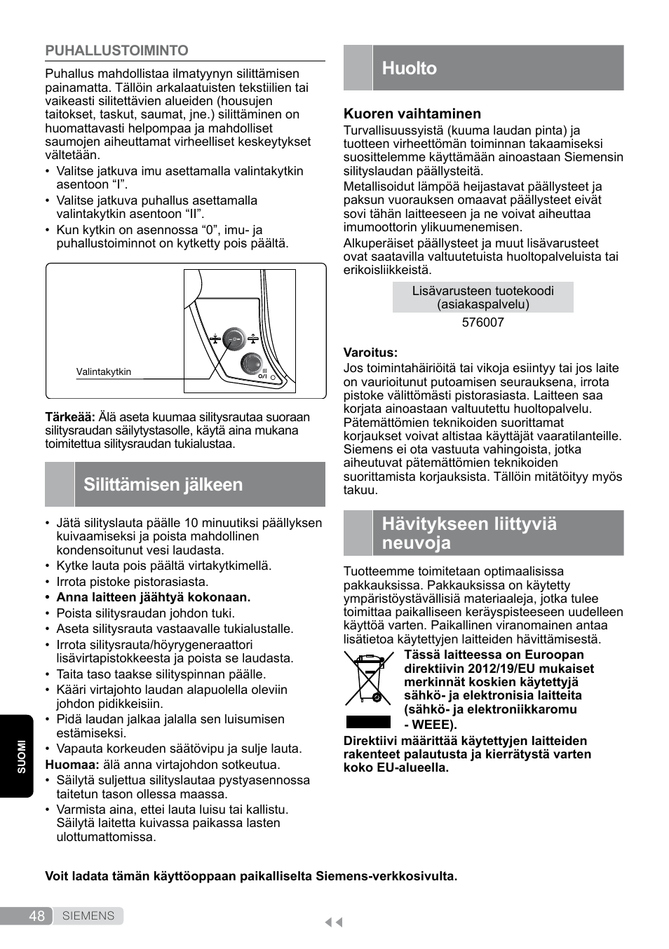 Puhallustoiminto, Silittämisen jälkeen, Huolto | Hävitykseen liittyviä neuvoja | Siemens TN20350 User Manual | Page 48 / 100