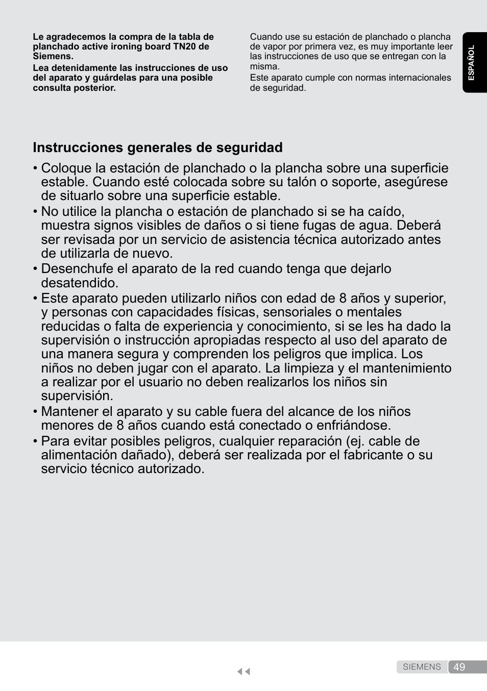 Español, Instrucciones generales de seguridad | Siemens TN20350 User Manual | Page 49 / 100