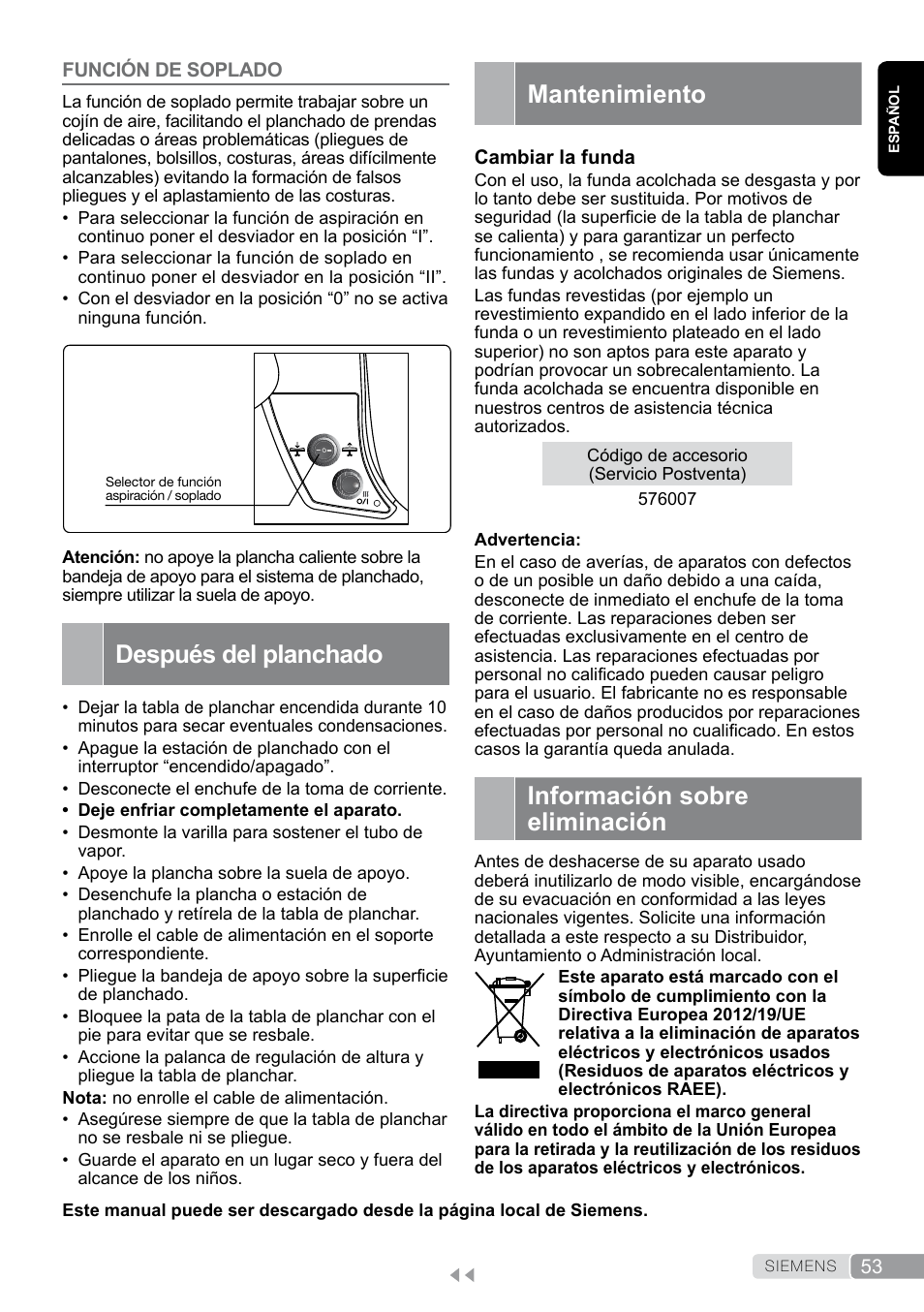 Función de soplado, Mantenimiento, Después del planchado | Información sobre eliminación | Siemens TN20350 User Manual | Page 53 / 100