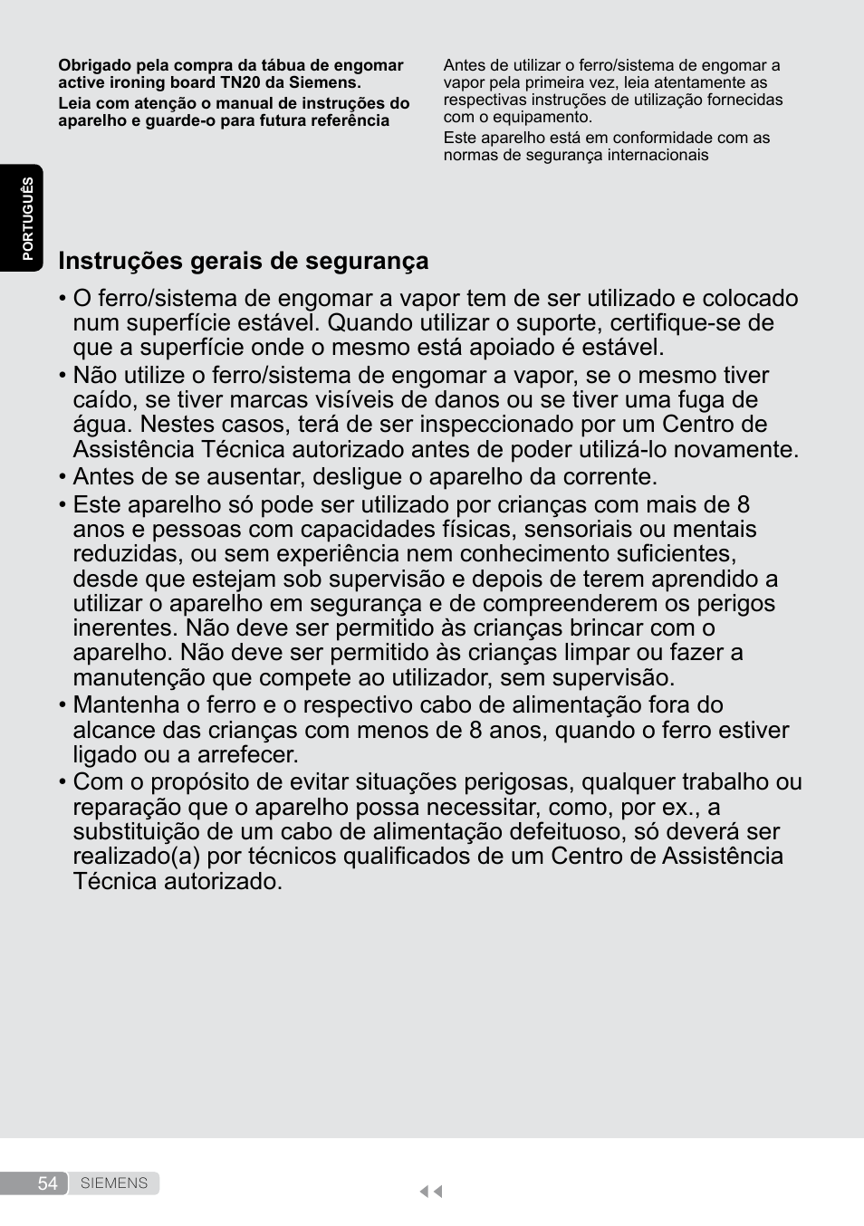 Português, Instruções gerais de segurança | Siemens TN20350 User Manual | Page 54 / 100