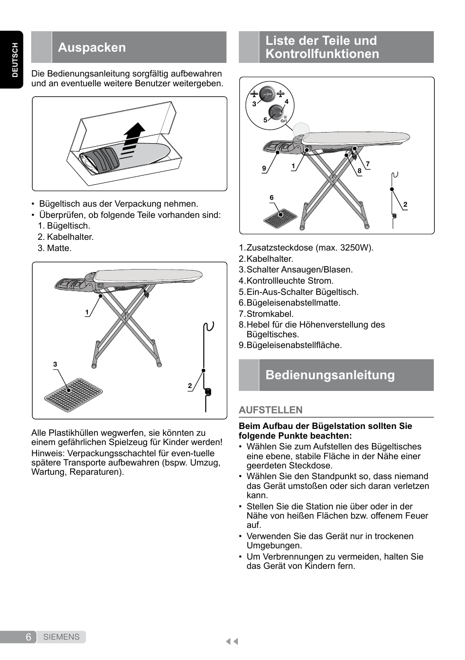 Auspacken, Liste der teile und kontrollfunktionen, Bedienungsanleitung | Aufstellen | Siemens TN20350 User Manual | Page 6 / 100