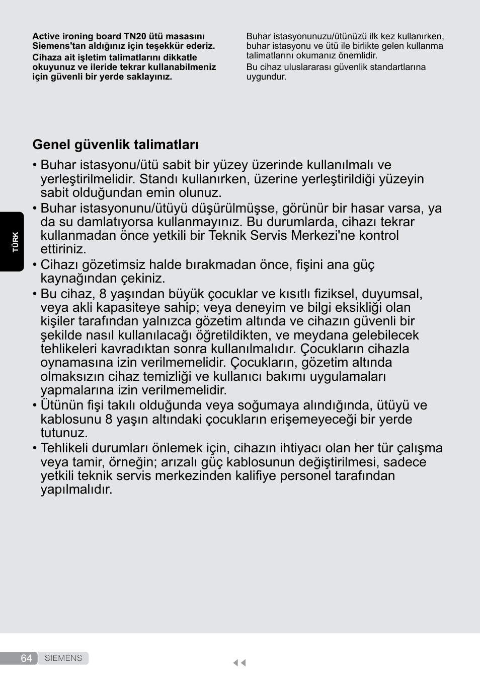 Türk, Genel güvenlik talimatları | Siemens TN20350 User Manual | Page 64 / 100