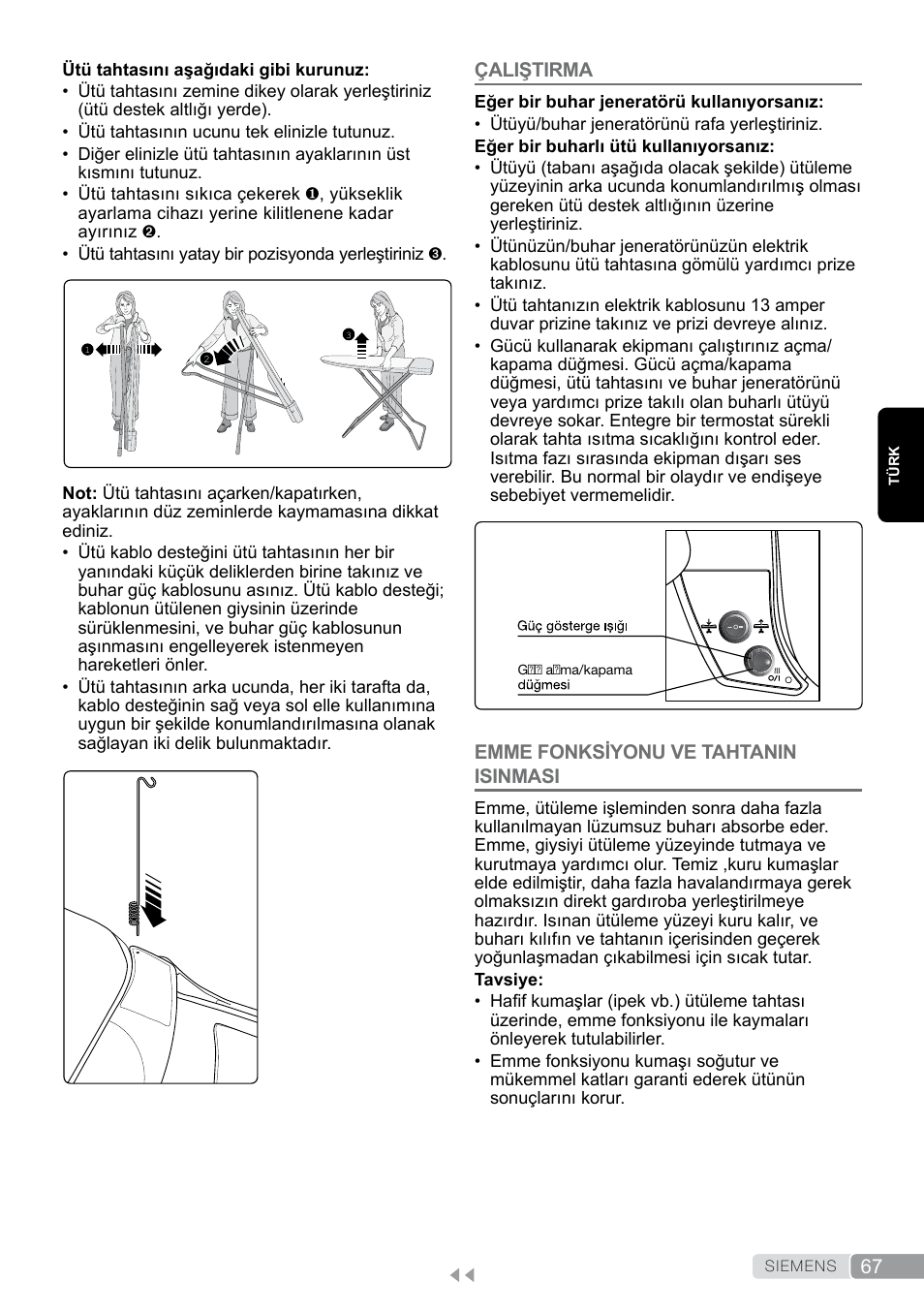 Çaliştirma, Emme fonksiyonu ve tahtanin isinmasi | Siemens TN20350 User Manual | Page 67 / 100