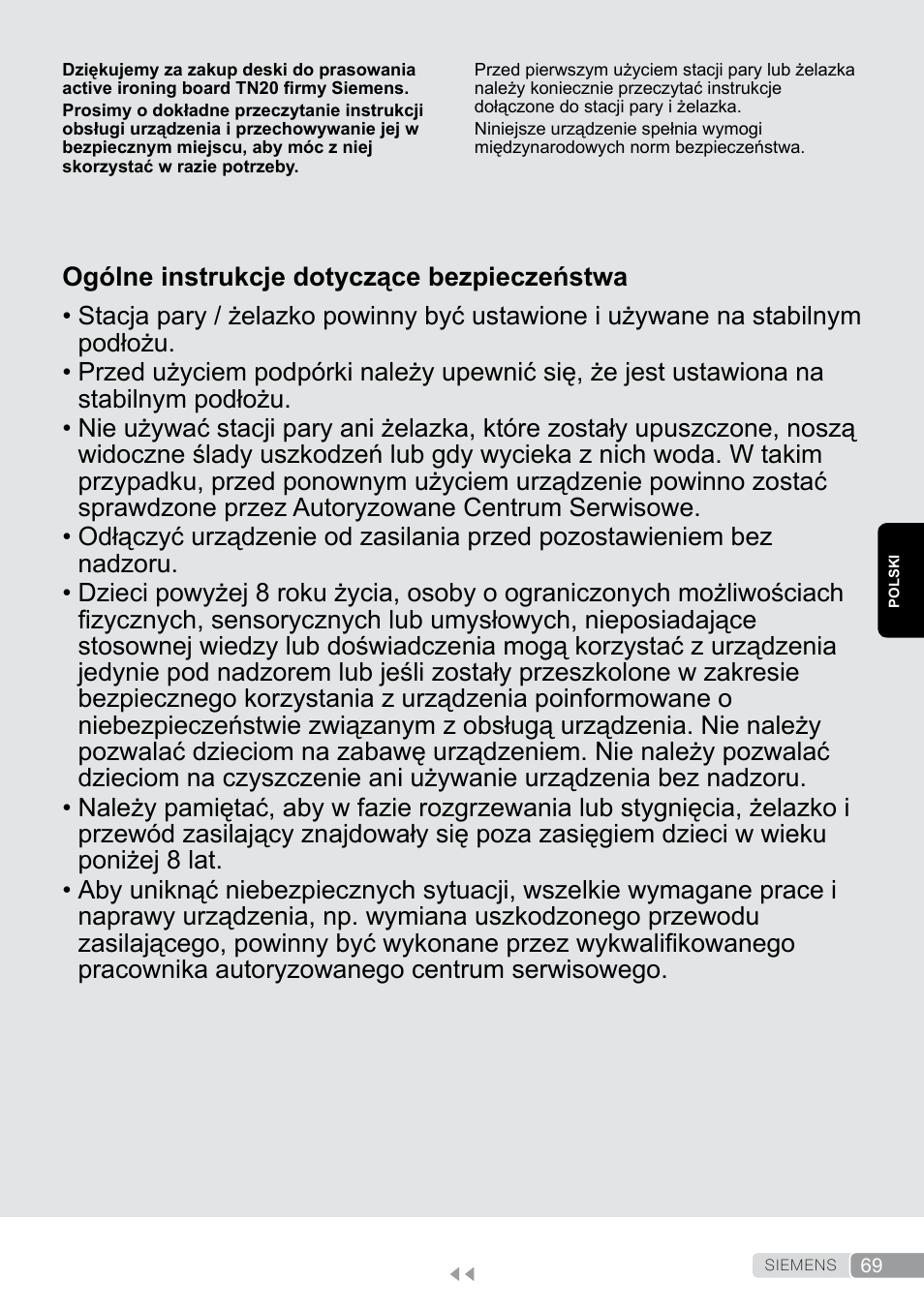 Polski, Ogólne instrukcje dotyczące bezpieczeństwa | Siemens TN20350 User Manual | Page 69 / 100