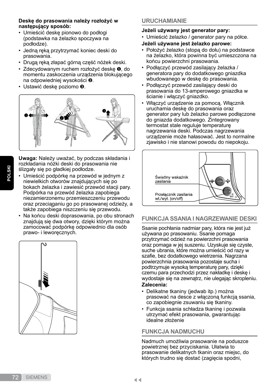 Uruchamianie, Funkcja ssania i nagrzewanie deski, Funkcja nadmuchu | Siemens TN20350 User Manual | Page 72 / 100