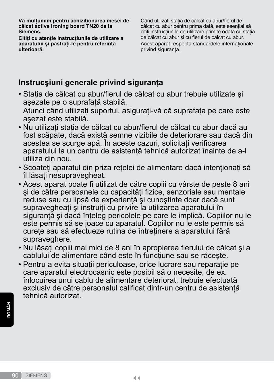 Român, Instrucşiuni generale privind siguranţa | Siemens TN20350 User Manual | Page 90 / 100