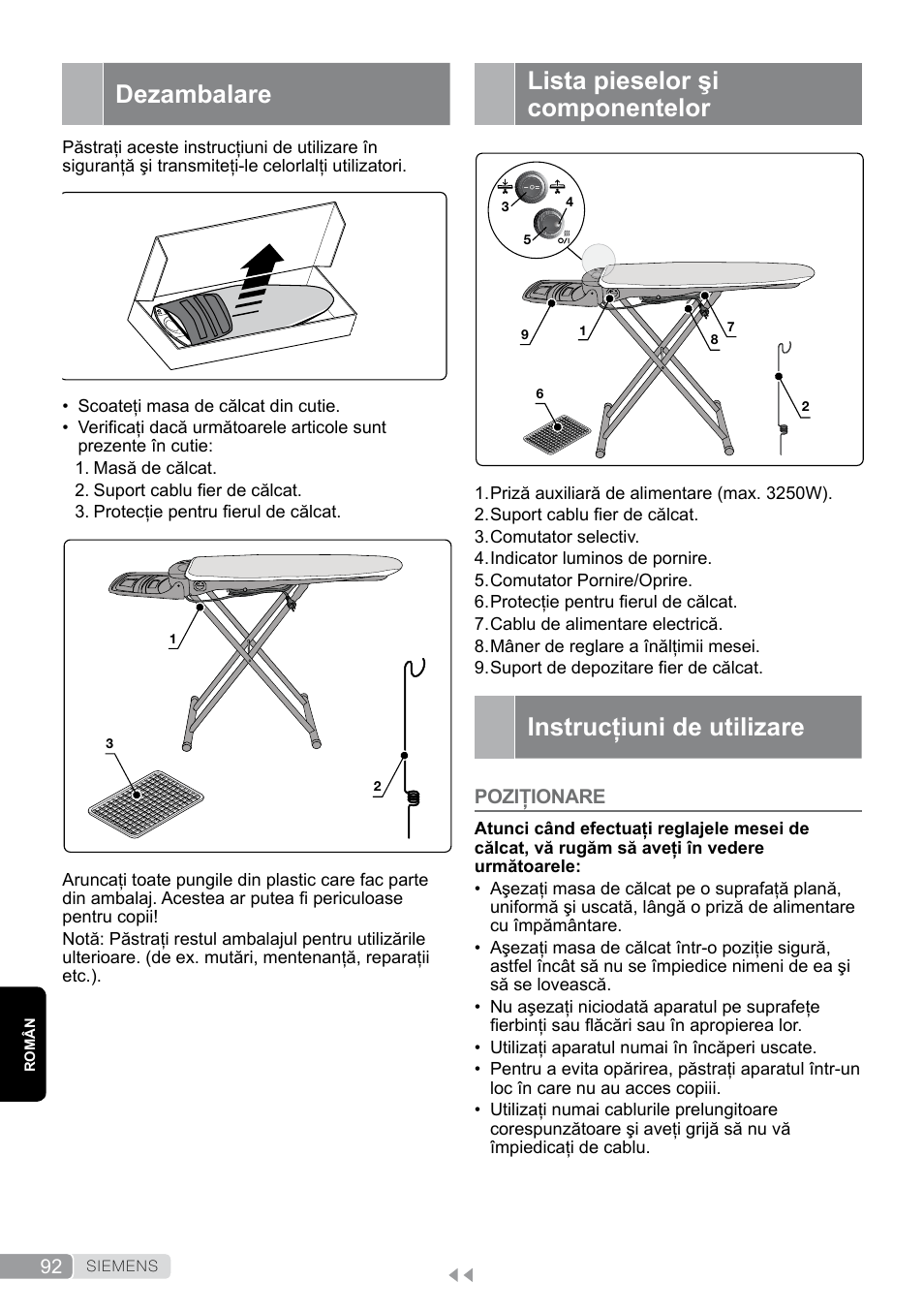 Dezambalare, Lista pieselor şi componentelor, Instrucţiuni de utilizare | Poziţionare | Siemens TN20350 User Manual | Page 92 / 100