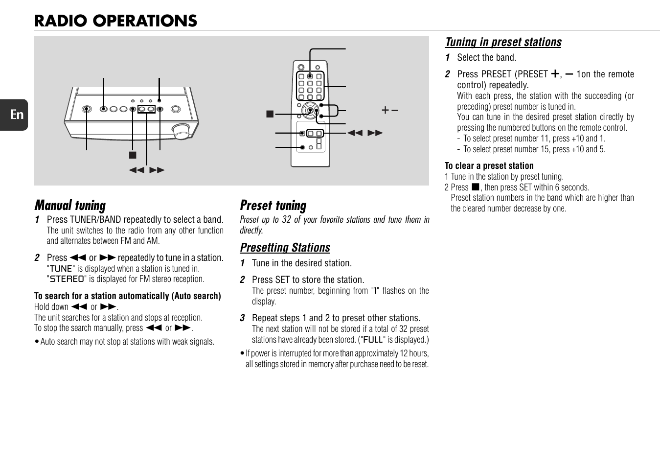 Radio operations, Manual tuning, Preset tuning | 10 en, Tuning in preset stations, Presetting stations | Aiwa XR-X77 User Manual | Page 10 / 16