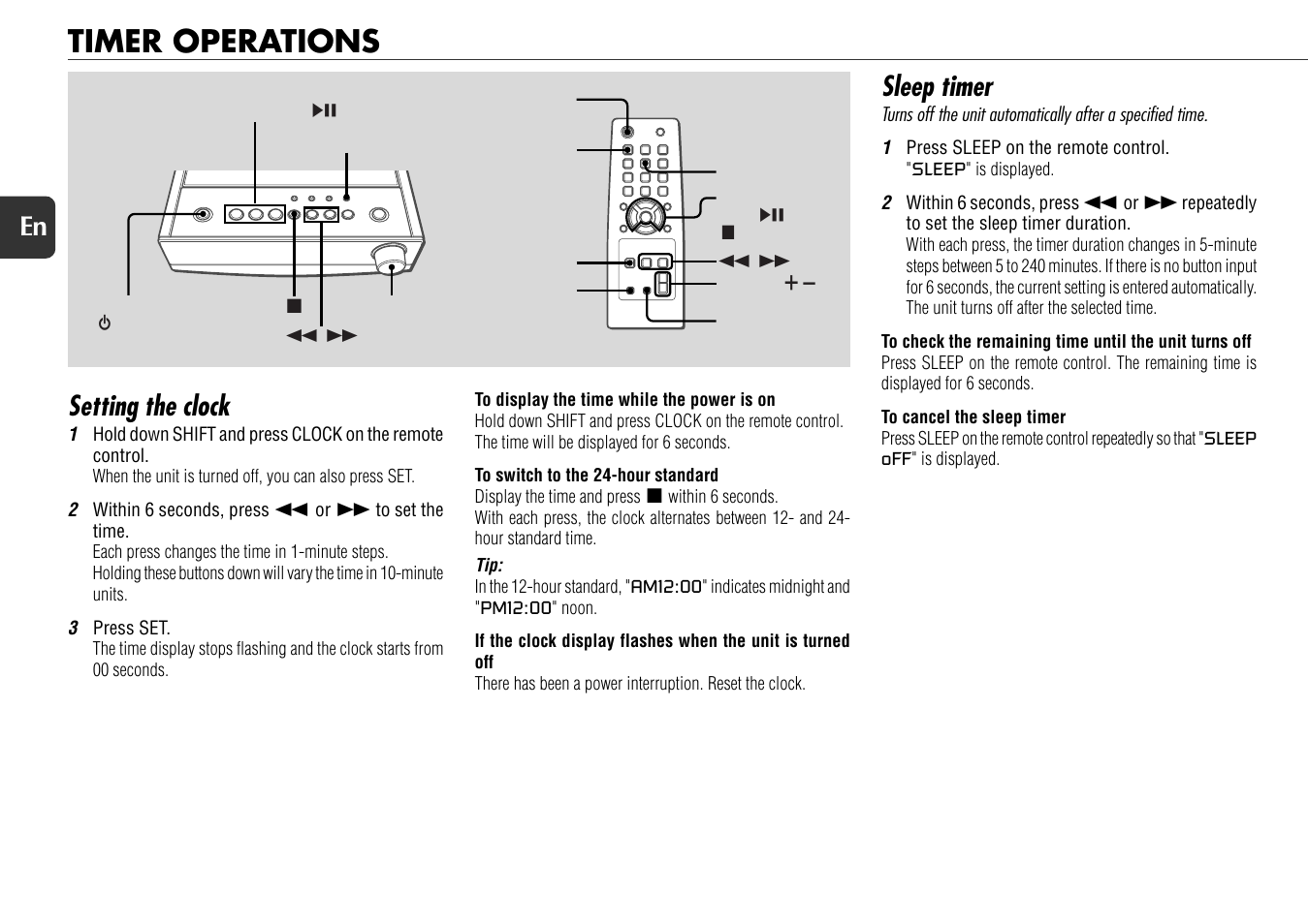 Timer operations, Setting the clock, Sleep timer | 12 en | Aiwa XR-X77 User Manual | Page 12 / 16