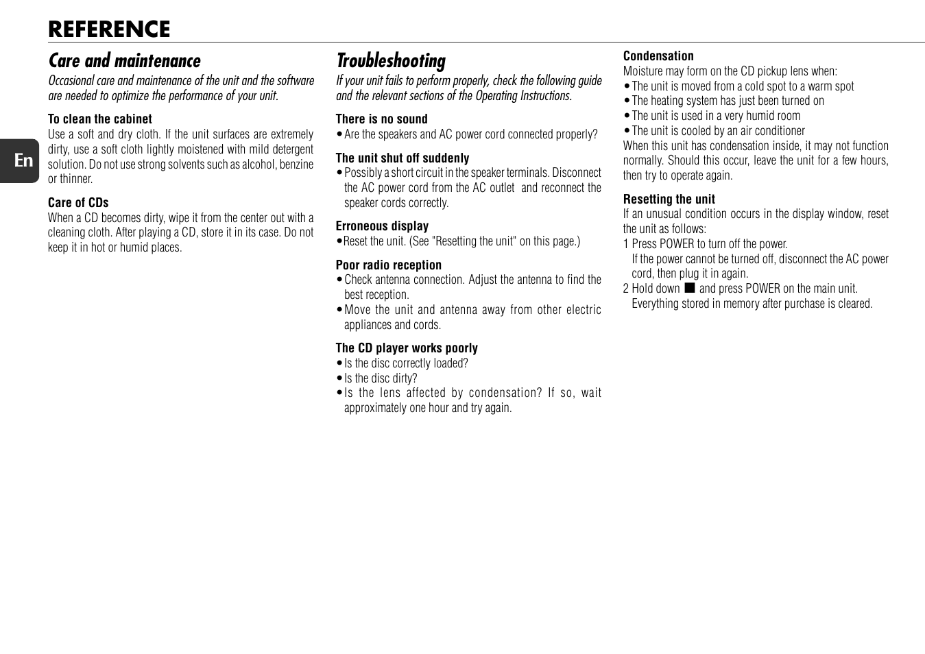 Reference, Care and maintenance, Troubleshooting | 14 en | Aiwa XR-X77 User Manual | Page 14 / 16