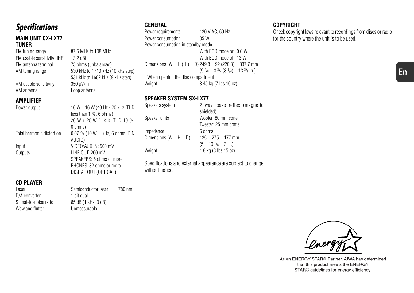 Specifications, 15 en | Aiwa XR-X77 User Manual | Page 15 / 16