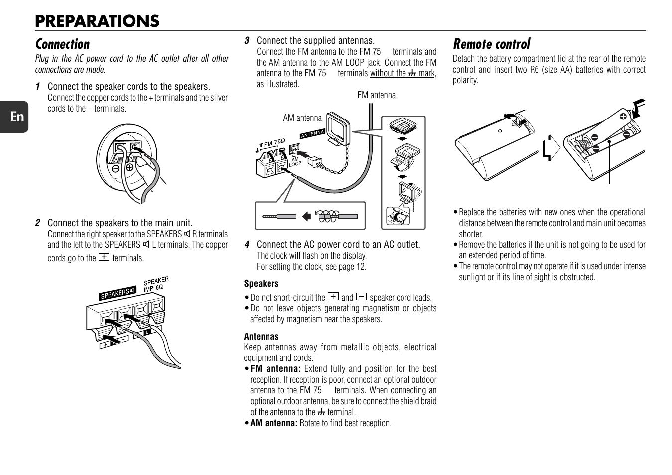 Preparations, Remote control, Connection | Aiwa XR-X77 User Manual | Page 4 / 16