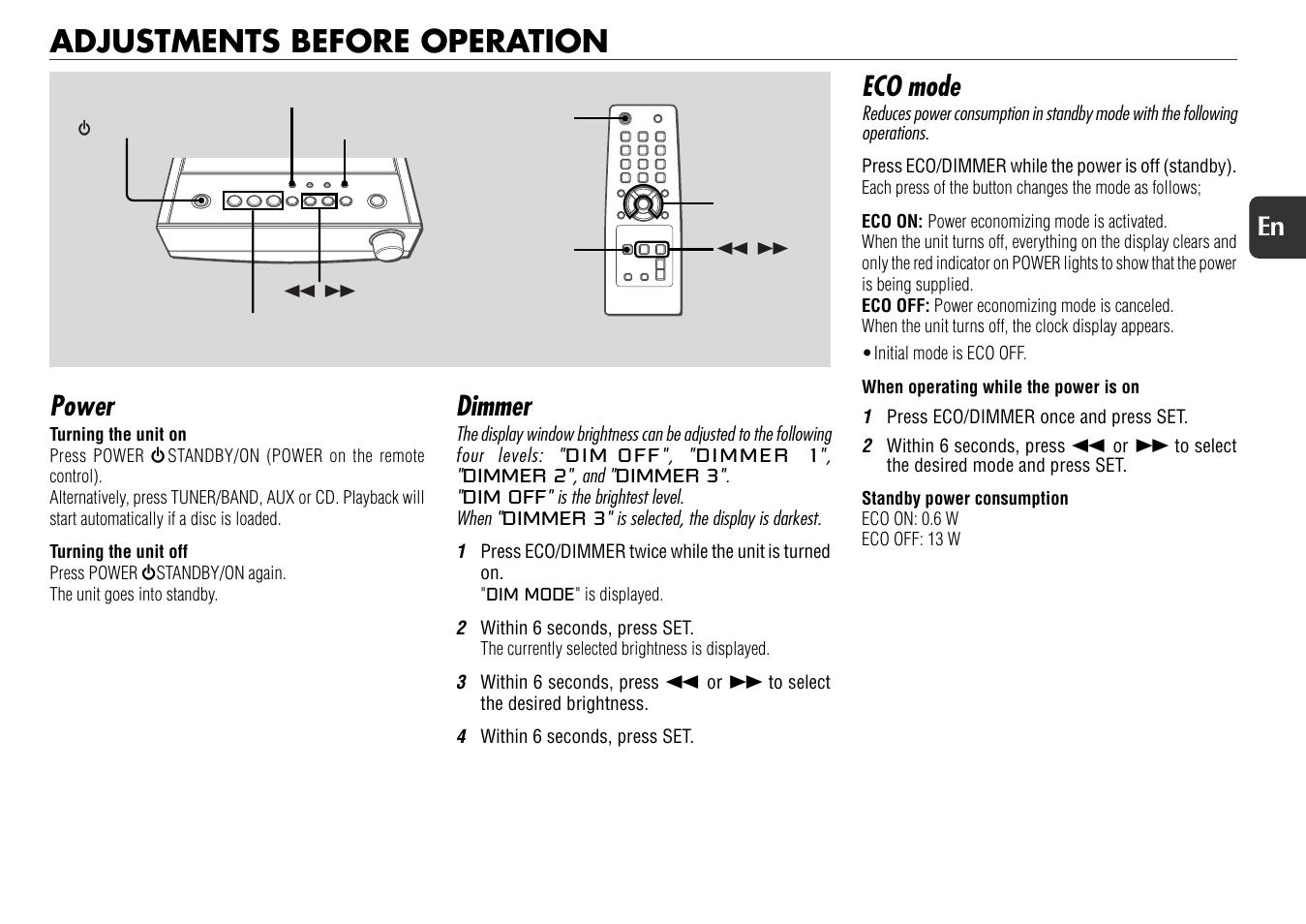 Adjustments before operation, Power, Dimmer | Eco mode | Aiwa XR-X77 User Manual | Page 7 / 16