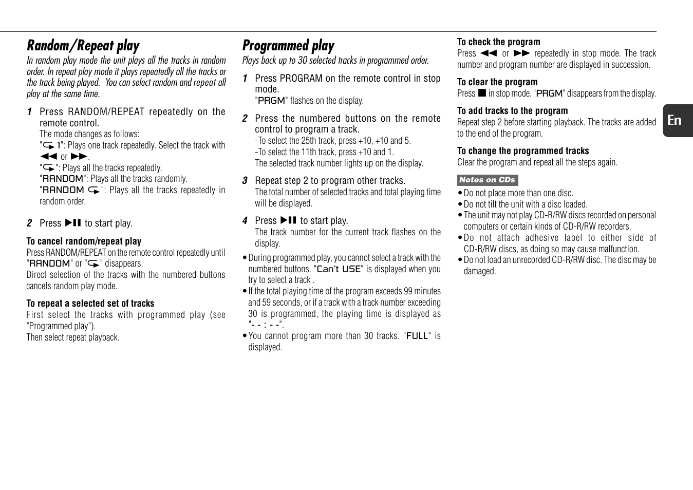 Programmed play, Random/repeat play | Aiwa XR-X77 User Manual | Page 9 / 16