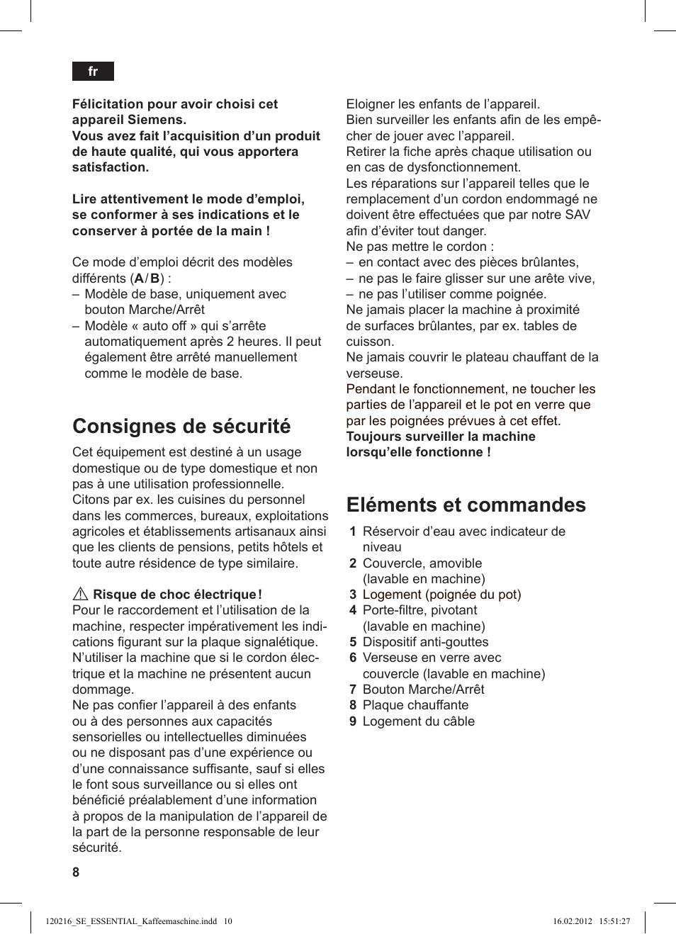 Consignes de sécurité, Eléments et commandes | Siemens TC3A0103 User Manual | Page 10 / 74