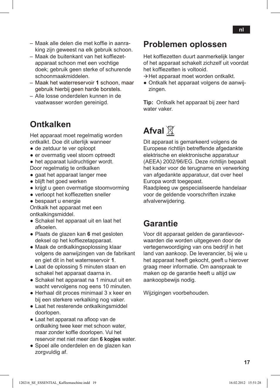 Ontkalken, Problemen oplossen, Afval | Garantie | Siemens TC3A0103 User Manual | Page 19 / 74