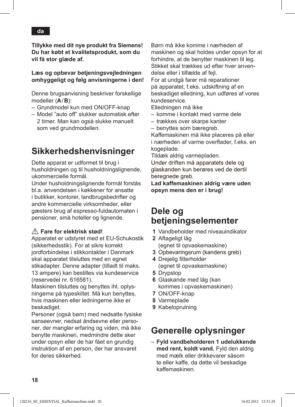 Sikkerhedshenvisninger, Dele og betjeningselementer, Generelle oplysninger | Siemens TC3A0103 User Manual | Page 20 / 74
