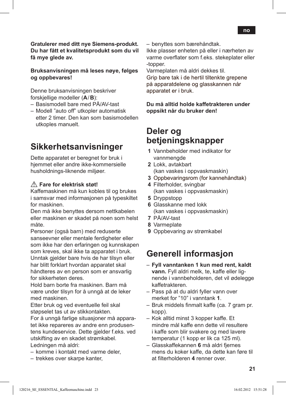 Sikkerhetsanvisninger, Deler og betjeningsknapper, Generell informasjon | Siemens TC3A0103 User Manual | Page 23 / 74