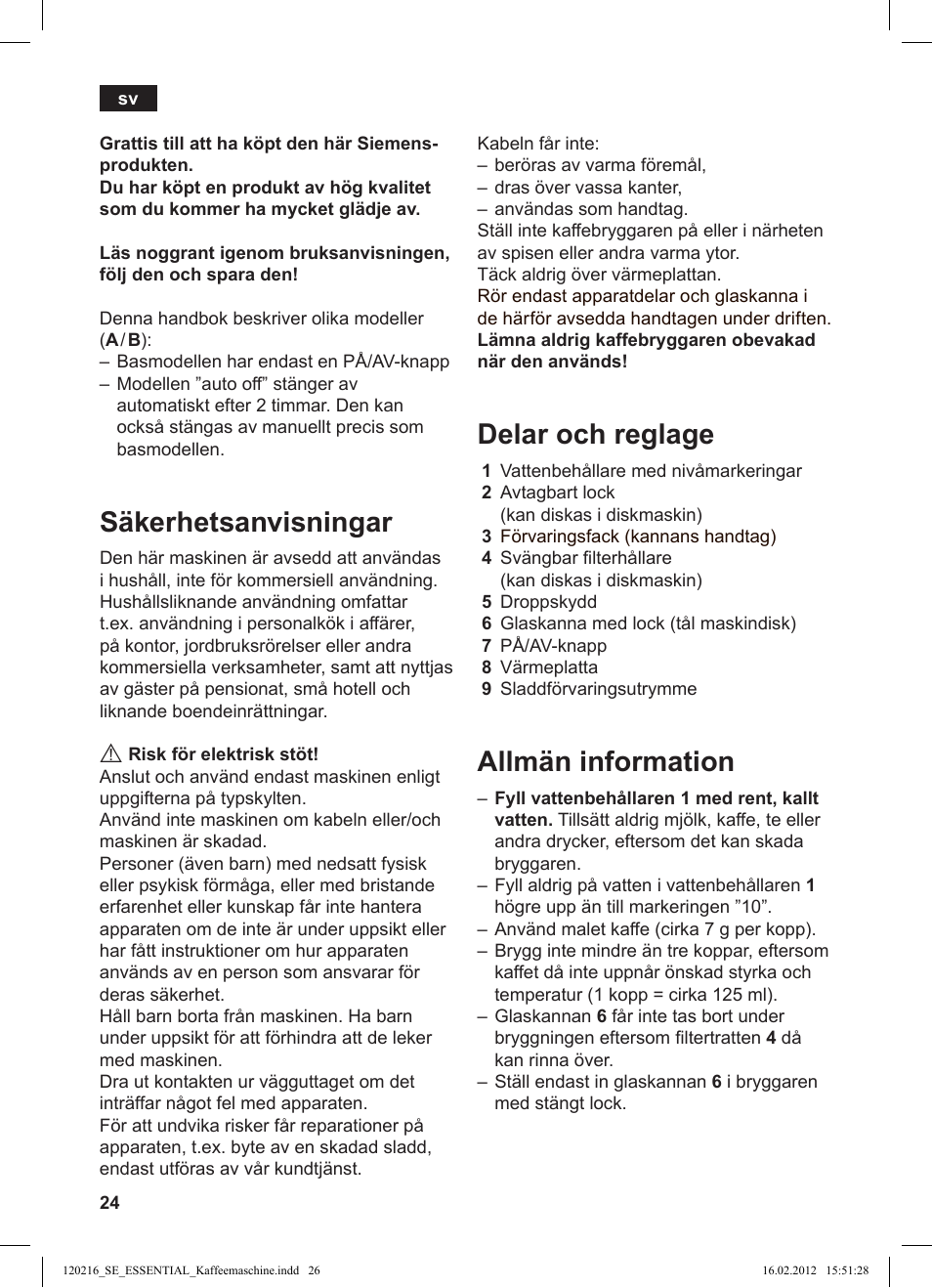 Säkerhetsanvisningar, Delar och reglage, Allmän information | Siemens TC3A0103 User Manual | Page 26 / 74