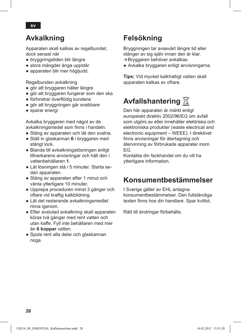 Avkalkning, Felsökning, Avfallshantering | Konsumentbestämmelser | Siemens TC3A0103 User Manual | Page 28 / 74