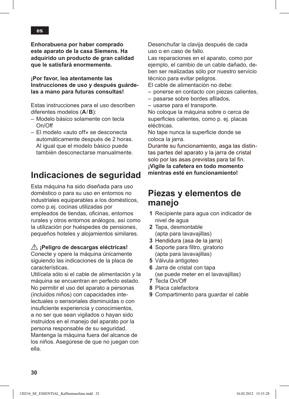 Indicaciones de seguridad, Piezas y elementos de manejo | Siemens TC3A0103 User Manual | Page 32 / 74