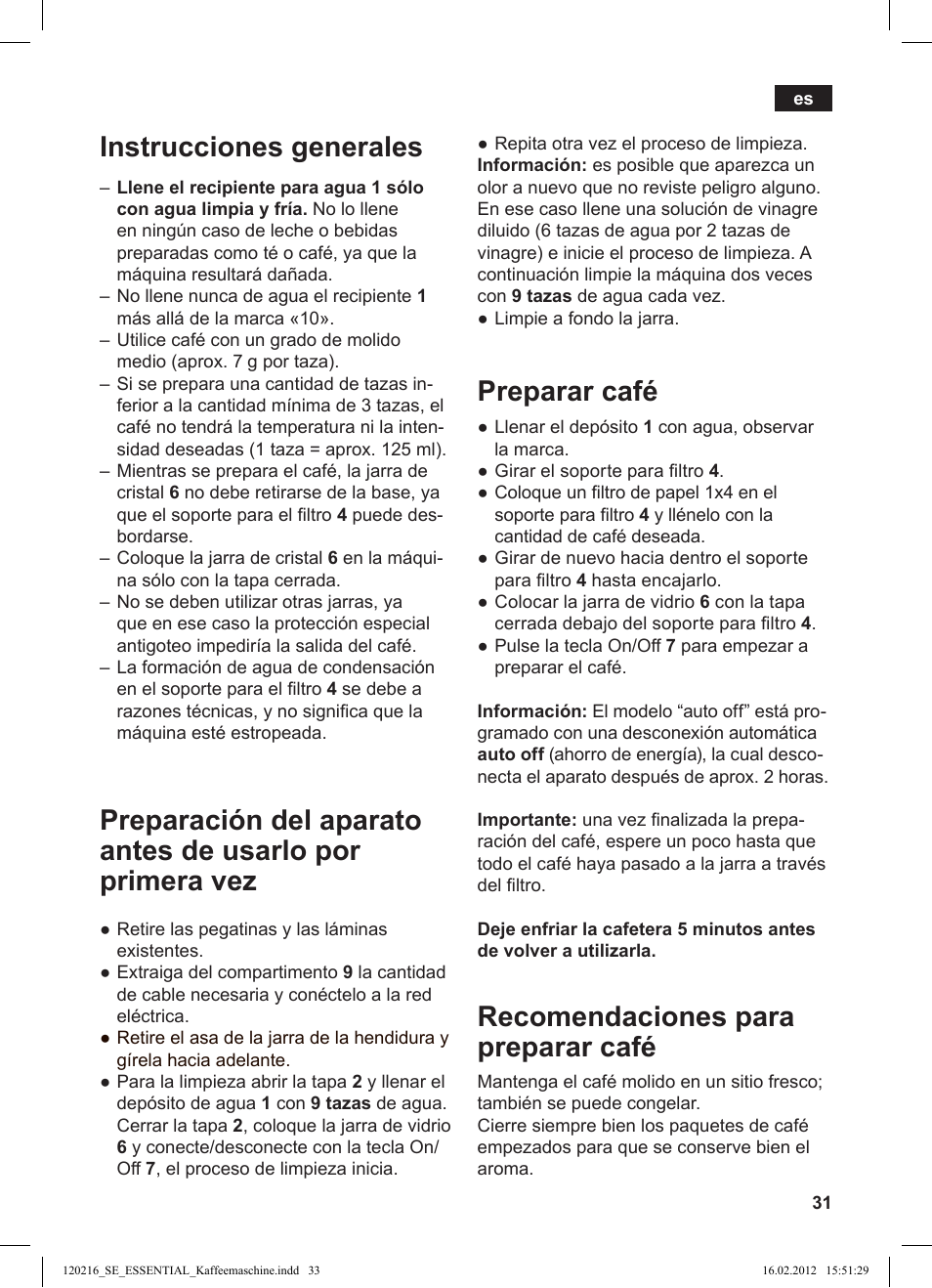 Instrucciones generales, Preparar café, Recomendaciones para preparar café | Siemens TC3A0103 User Manual | Page 33 / 74