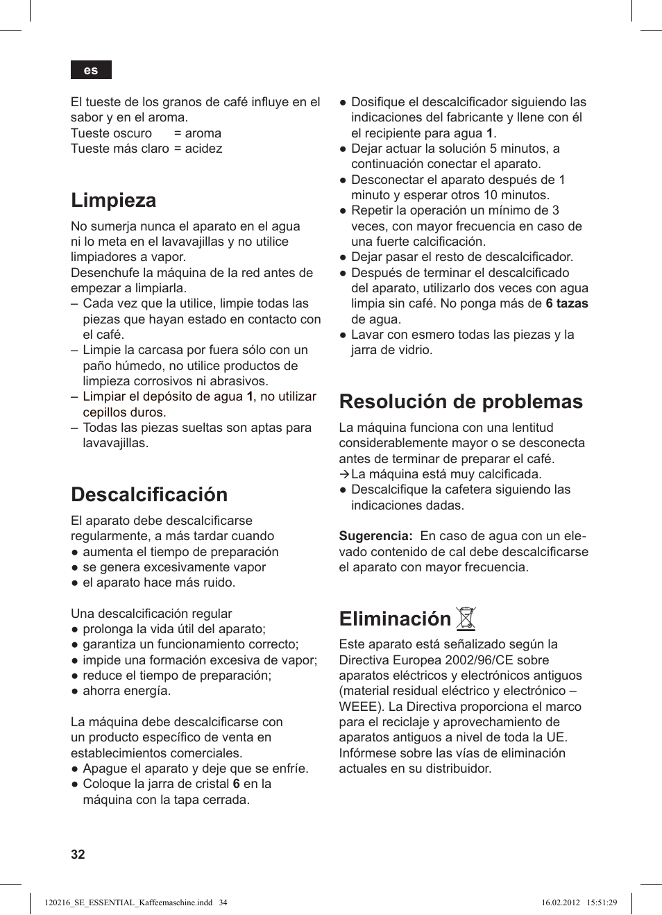 Limpieza, Descalcificación, Resolución de problemas | Eliminación | Siemens TC3A0103 User Manual | Page 34 / 74