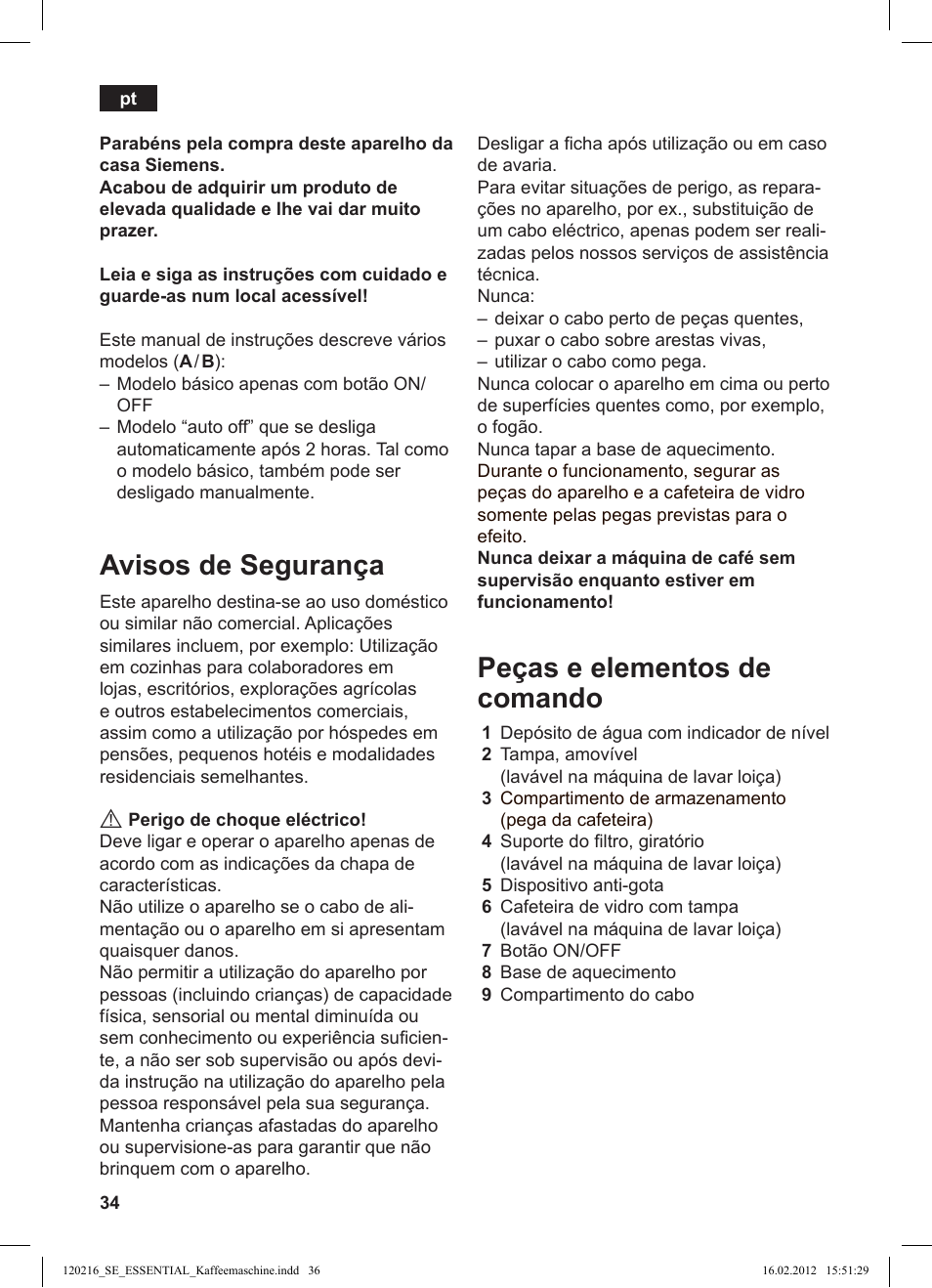 Avisos de segurança, Peças e elementos de comando | Siemens TC3A0103 User Manual | Page 36 / 74