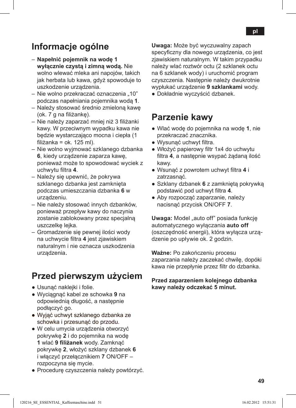 Informacje ogólne, Przed pierwszym użyciem, Parzenie kawy | Siemens TC3A0103 User Manual | Page 51 / 74