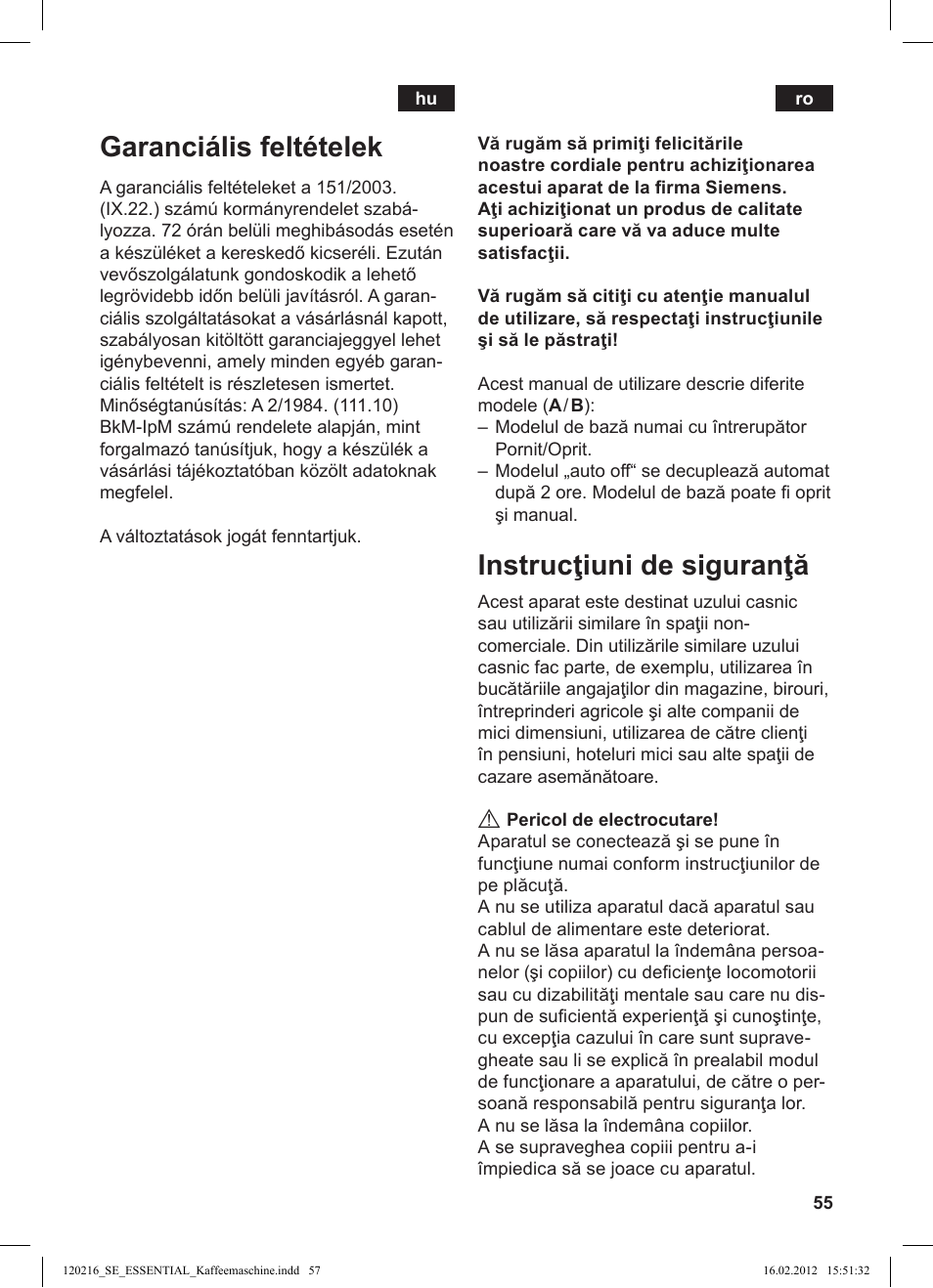 Garanciális feltételek, Instrucţiuni de siguranţă | Siemens TC3A0103 User Manual | Page 57 / 74