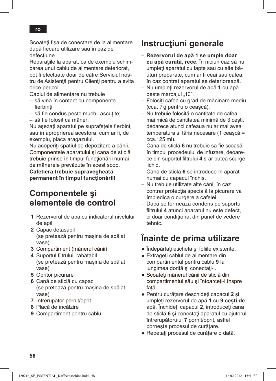 Instrucţiuni generale, Înainte de prima utilizare, Componentele şi elementele de control | Siemens TC3A0103 User Manual | Page 58 / 74