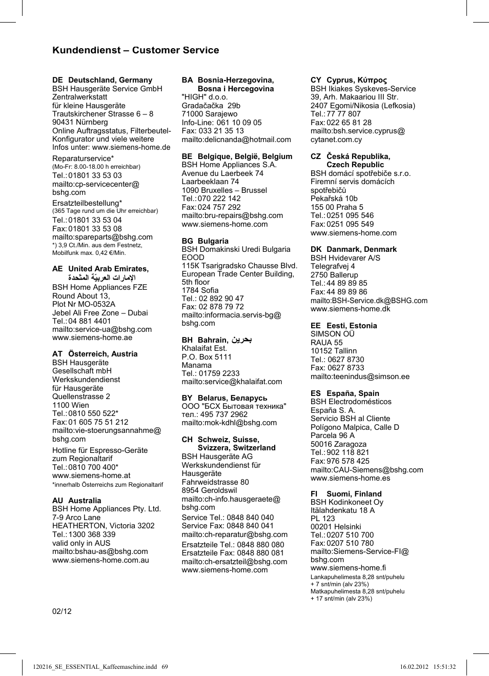 ﻦﻳﺮﺤﺑ, Kundendienst – customer service | Siemens TC3A0103 User Manual | Page 69 / 74