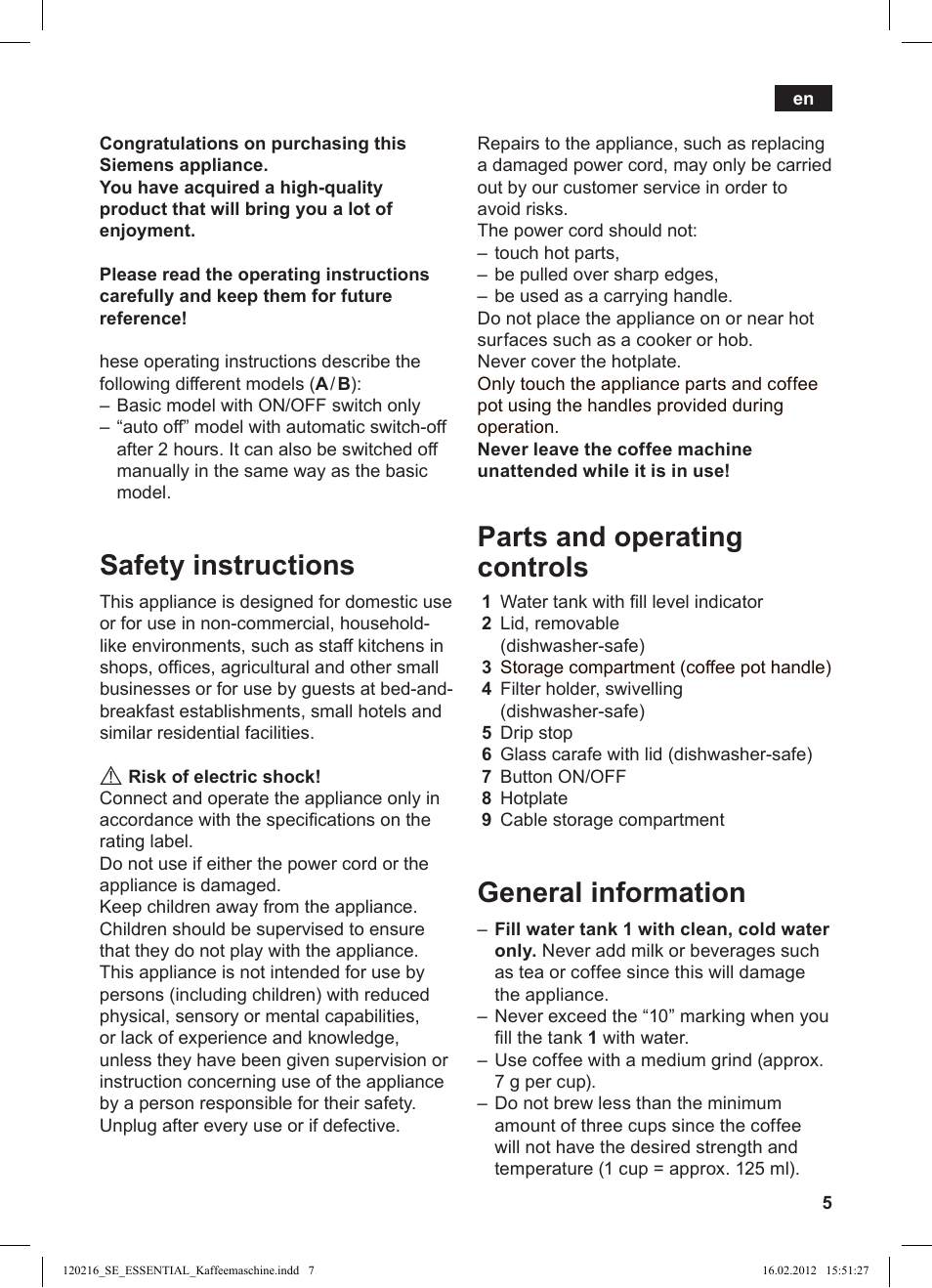 Safety instructions, Parts and operating controls, General information | Siemens TC3A0103 User Manual | Page 7 / 74