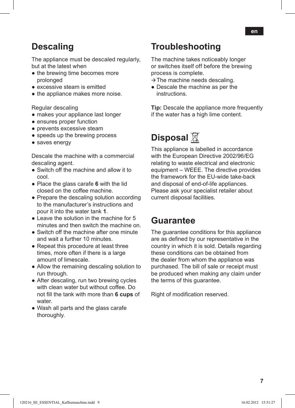 Troubleshooting, Disposal, Guarantee | Descaling | Siemens TC3A0103 User Manual | Page 9 / 74