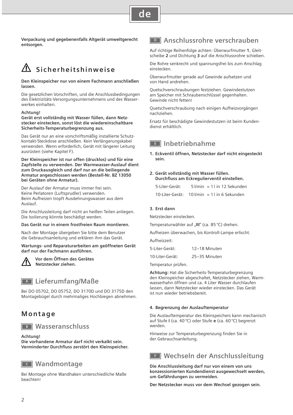 Lieferumfang/maße, Wandmontage, Anschlussrohre verschrauben | Inbetriebnahme, Wechseln der anschlussleitung | Siemens DO10702 User Manual | Page 2 / 12