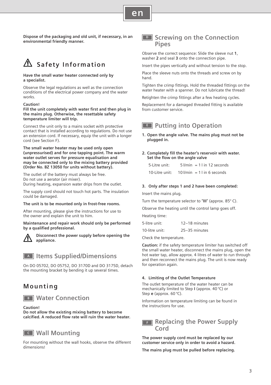 Items supplied/dimensions, Wall mounting, Screwing on the connection pipes | Putting into operation, Replacing the power supply cord | Siemens DO10702 User Manual | Page 3 / 12