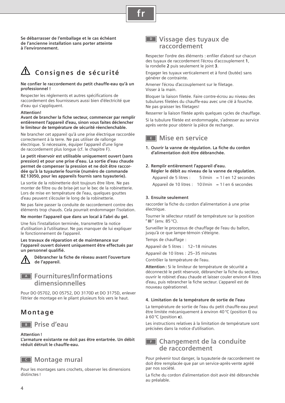 Vissage des tuyaux de raccordement, Mise en service, Changement de la conduite de raccordement | Fournitures/informations dimensionnelles, Montage mural | Siemens DO10702 User Manual | Page 4 / 12