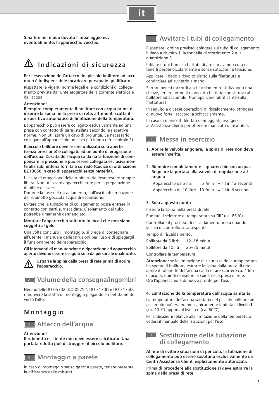 Volume della consegna/ingombri, Montaggio a parete, Avvitare i tubi di collegamento | Messa in esercizio, Sostituzione della tubazione di collegamento | Siemens DO10702 User Manual | Page 5 / 12