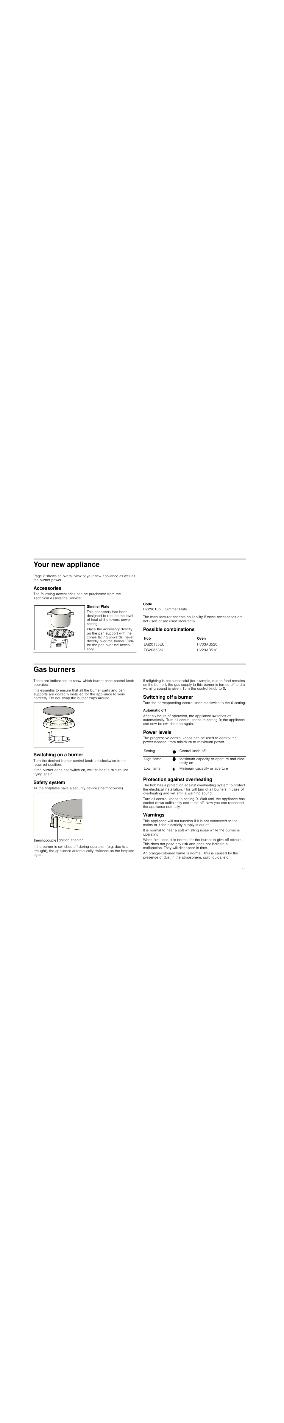 Your new appliance, Accessories, Code | Possible combinations, Gas burners, Switching on a burner, Safety system, Switching off a burner, Automatic off, Power levels | Siemens EG20158EU User Manual | Page 11 / 51