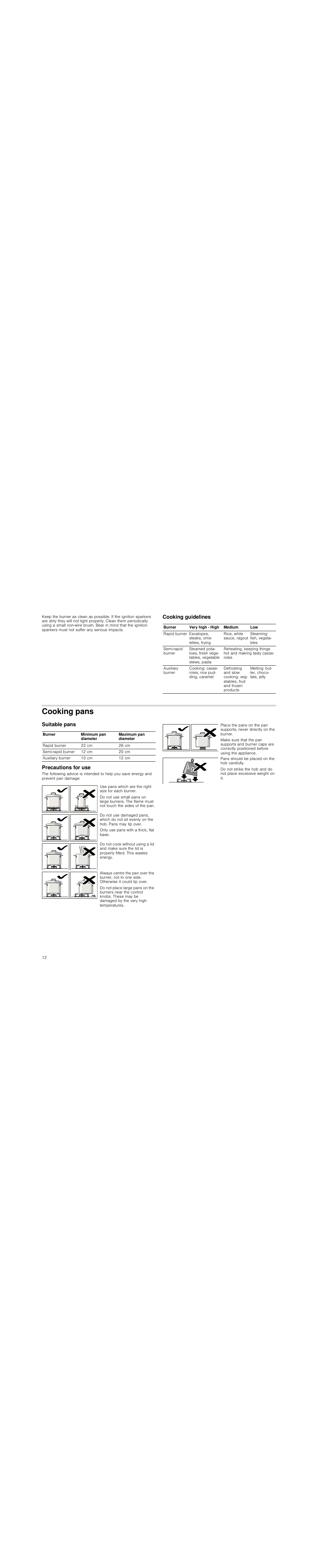Cooking guidelines, Cooking pans, Suitable pans | Precautions for use, Suitable pans precautions for use | Siemens EG20158EU User Manual | Page 12 / 51