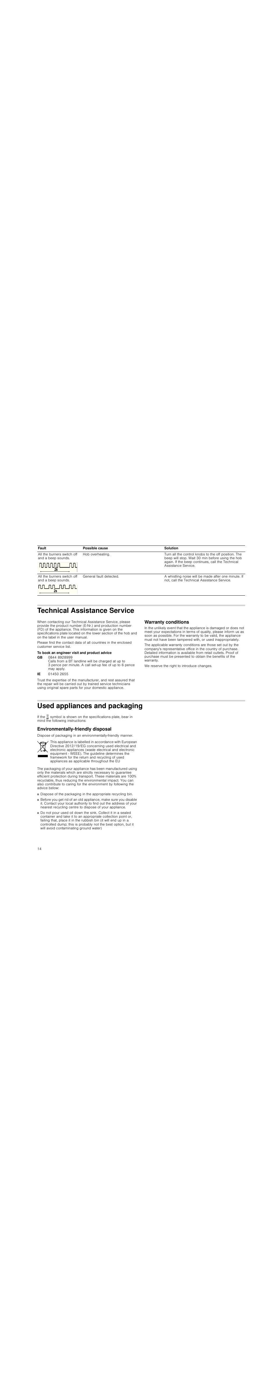 Technical assistance service, To book an engineer visit and product advice, Warranty conditions | Used appliances and packaging, Environmentally-friendly disposal | Siemens EG20158EU User Manual | Page 14 / 51