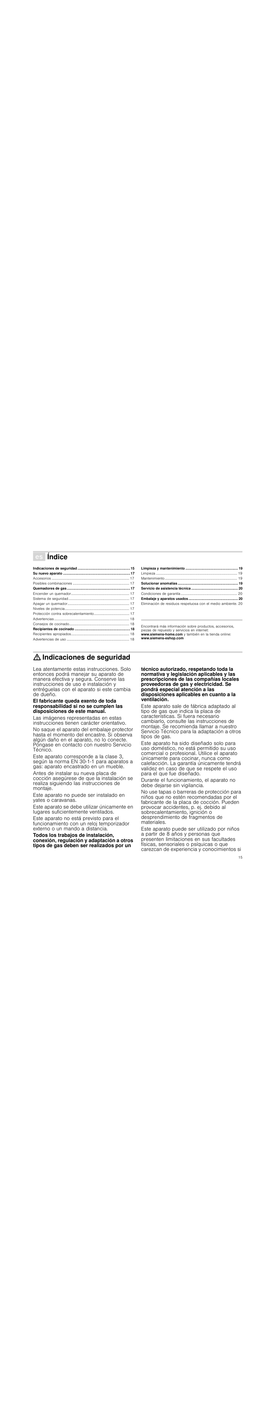 Û índice[es] instrucciones de uso, Indicaciones de seguridad, Índice | Siemens EG20158EU User Manual | Page 15 / 51