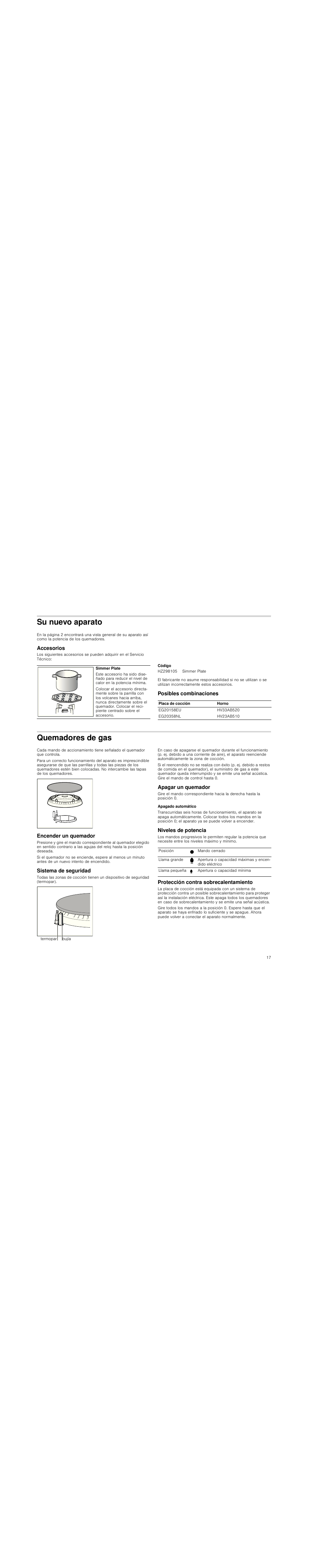 Su nuevo aparato, Accesorios, Código | Posibles combinaciones, Quemadores de gas, Encender un quemador, Sistema de seguridad, Apagar un quemador, Apagado automático, Niveles de potencia | Siemens EG20158EU User Manual | Page 17 / 51