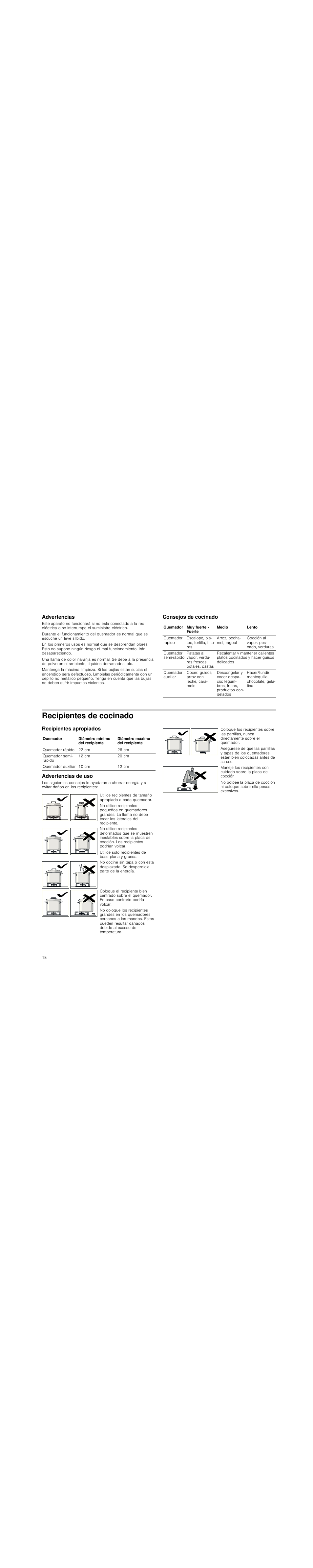 Advertencias, Consejos de cocinado, Recipientes de cocinado | Recipientes apropiados, Advertencias de uso, Recipientes apropiados advertencias de uso | Siemens EG20158EU User Manual | Page 18 / 51