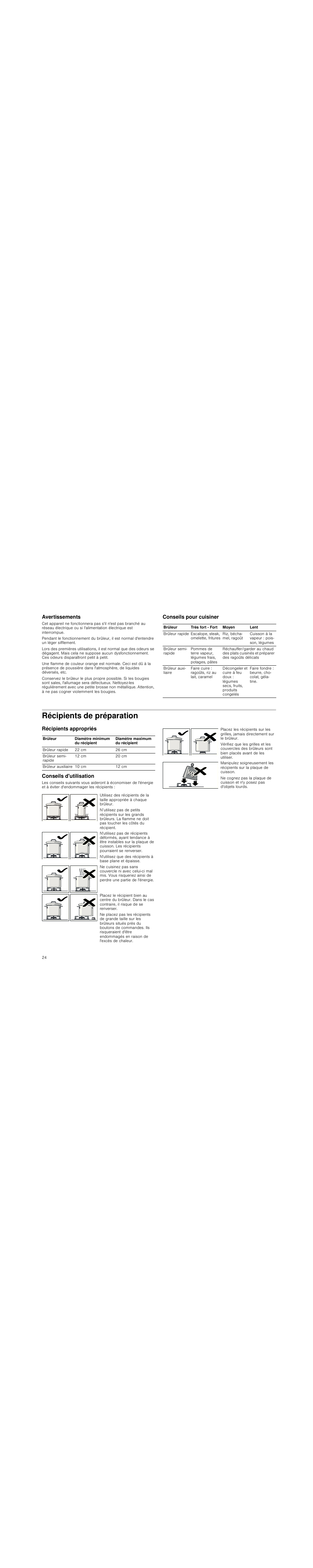 Avertissements, Conseils pour cuisiner, Récipients de préparation | Récipients appropriés, Conseils d'utilisation, Récipients appropriés conseils d'utilisation | Siemens EG20158EU User Manual | Page 24 / 51